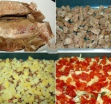 Отварите говядину и картошку в подсоленной воде, порежьте кубиками, выложите в салатник слоями в следующей последовательности: 
-слой говядины; 
-слой картошки; 
-слой огурцов; 
-слой сыра; 
-слой помидор.