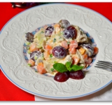 Восхитительно вкусный салат готов. Это сочетания куриного мяса со сладкими фруктами просто волшебное. С этим салатом можно бесконечно импровизировать, дополняя или заменяя ингредиенты и заправку. Приятного аппетита! 
 
Cсылка на оригинальный рецепт:  hellokitchen.ru/2583/kuriniy-salat-s-vinogradom/ 	