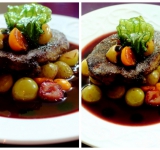 Выкладываем на тарелки часть ягодного соуса, поверх выкладываем фуа-гра, и сверху раскладываем немного ягод, поливаем соусом. Сбрызгиваем блюдо бальзамическим кремом и украшаем листиком базилика. 
Изысканное блюдо готово! Приятного вам аппетита! 
 
Cсылка на оригинальный рецепт:  www.picantecooking.com/recipe/fua-gra-c-vinno-karamelnym-sousom-s-fruktami 	